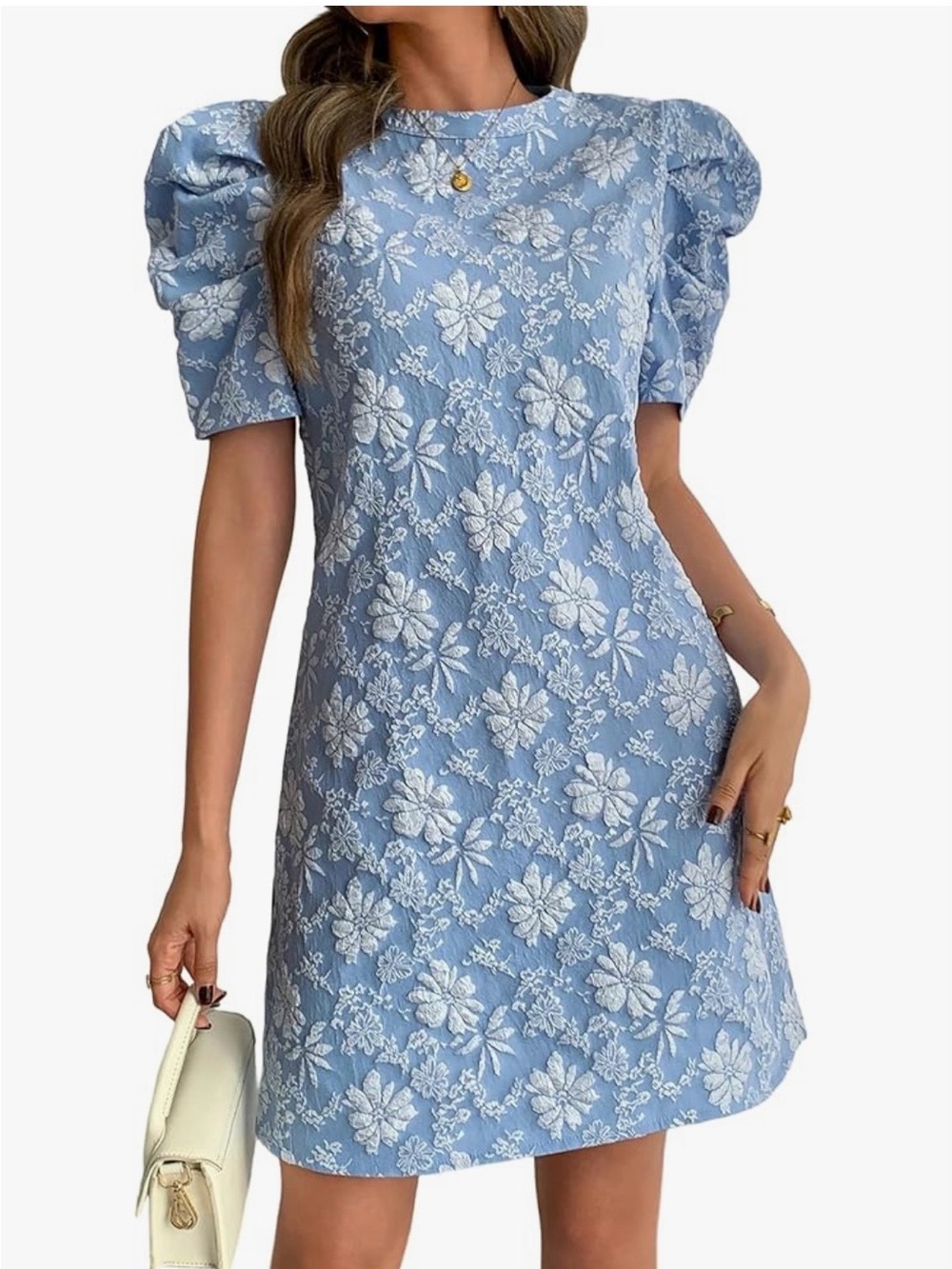 Brand New Floral Puff Sleeve Jacquard Shift Dress